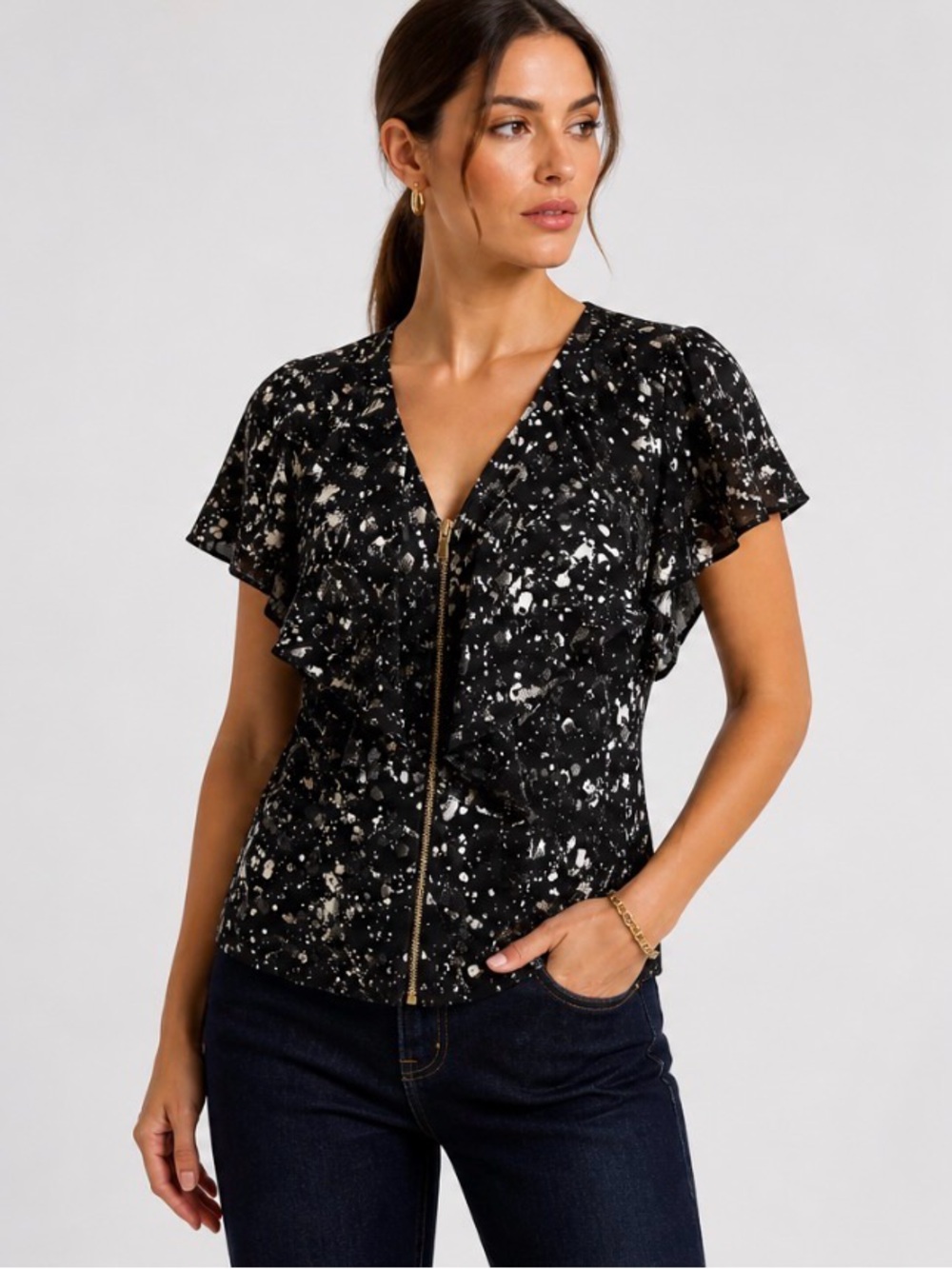 Tory Burch Rebecca Paint Splatter Front Zipper Closure Silk Ruffle Blouse